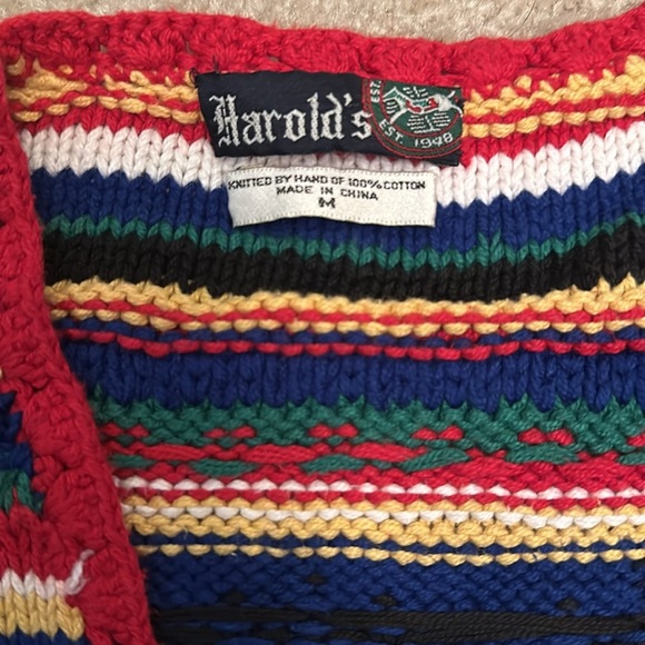 Harold’s Knitted By Hand 100% Cotton Striped Colorful Vest Wooden Buttons Medium - Picture 6 of 7